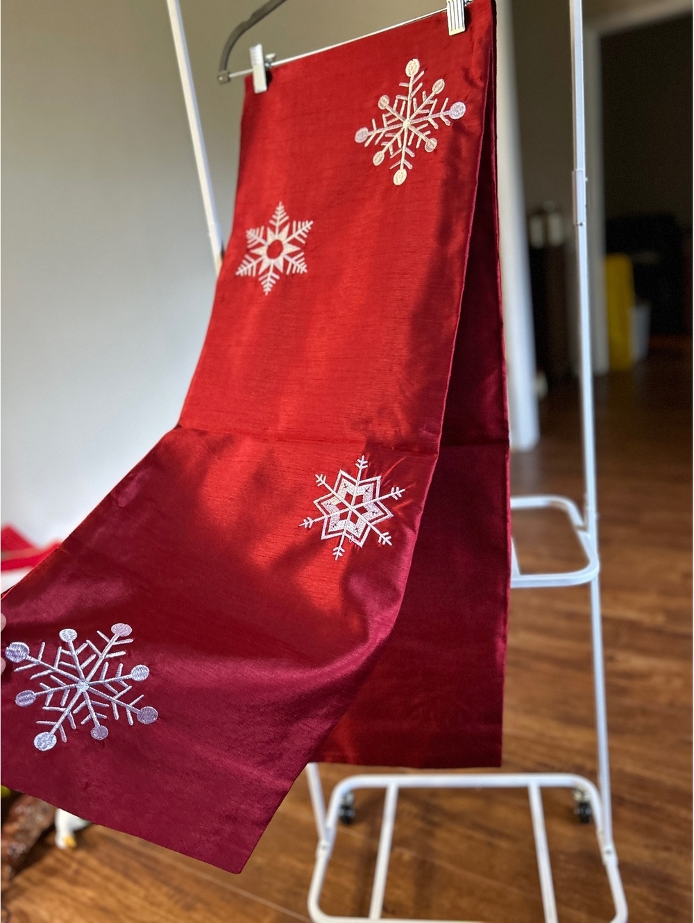 Red Velvet Christmas Table Runner with White Snowflake Embroidery